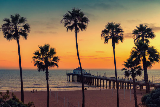 California beach at sunset, Palm trees and Pier on Manhattan Beach in California, Los Angeles. Vintage processed. 