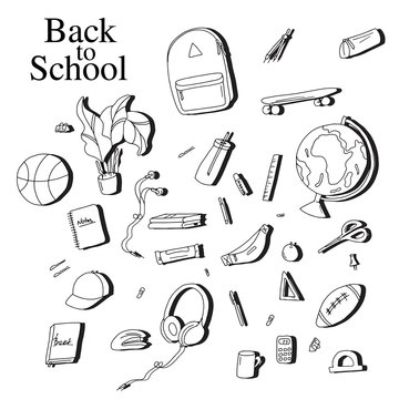 Back to school sketch elements. Black white education equipment: pen, notebook, calculator vector illustration. Student  drawing concept. Classroom objects poster.
