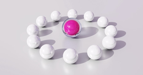 Symbol for the leadership by a woman. Pink ball as a symbol of a leader in the center of a group.