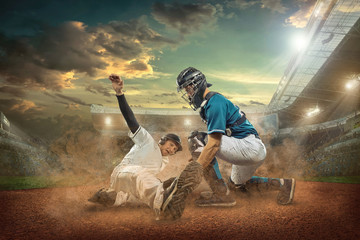 Baseball players in action on the stadium.