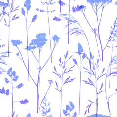 Seamless pattern with violet herbal silhouettes
