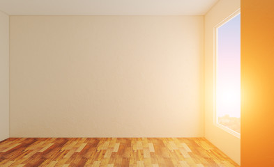 Empty interior in a big house. Sunset. 3D rendering.