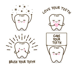 Set of cute little teeth isolated on white