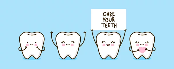 Stickers pour porte Dentistes Ensemble de petites dents mignonnes sur fond bleu
