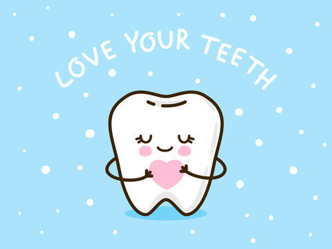 Cute little tooth on blue background