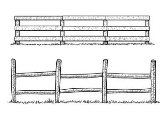 Wooden fence illustration, drawing, engraving, ink, line art, vector
