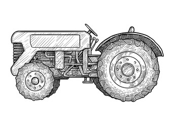 Fototapeta premium Tractor illustration, drawing, engraving, ink, line art, vector