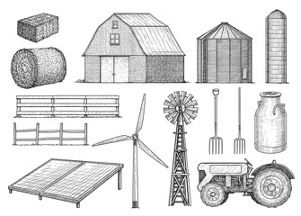 Farm, countryside, rural object collection, illustration, drawing, engraving, ink, line art, vector  © jenesesimre