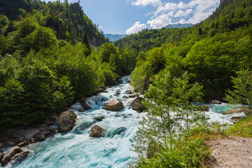 Landscape in Abkhazia with Caucasian ridge and river