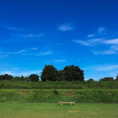 夏の青空と白い雲を背景にして河川敷のグランドに在るベンチ
