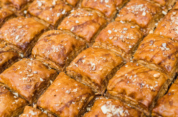 Traditional baklava sweet pastry, arab arabic sweet dessert food at a street food market