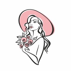 Portrait of a girl in a hat with flowers. Vintage. Elegant girl model. Vector illustration.
