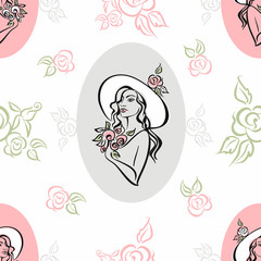 Seamless pattern. Portrait of a girl in a hat. Vintage.  Bouquet of roses. Vector