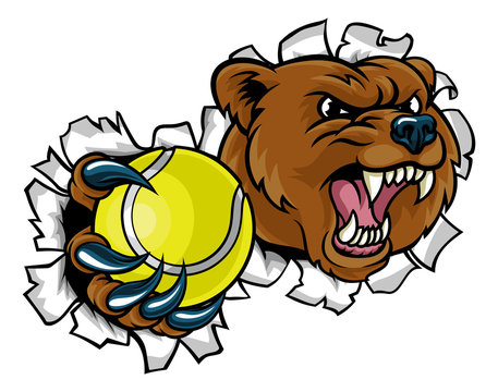 Bear Holding Tennis Ball Breaking Background