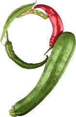 Red and green hot chili peppers isolated on white