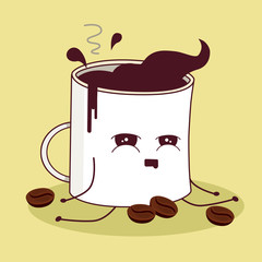 Kawaii illustration of a wasted addicted coffee mug tired while sitting on the floor and asking for more coffee: “Gimme me more shit!”.  The cup is surrounded by coffee grains and filled to the top