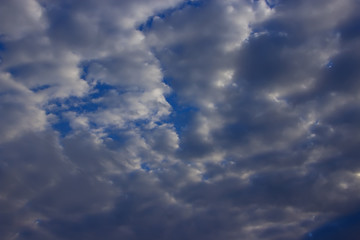 View on beautiful white and gray clouds in a blue sky. Clouds and Skies in the afternoon. The Sun behind Clouds. Fresh Air. Cloudy Weather. Cloud Formations...