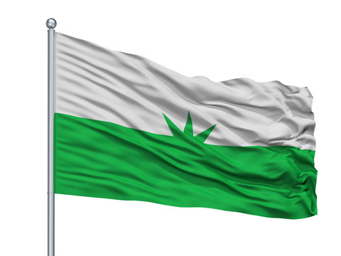 Piojo City Flag On Flagpole, Country Colombia, Atlantico Department, Isolated On White Background