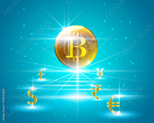 Golden Bitcoin Digital Cryptocurrency To Dollar Euro Indian Rupee - 