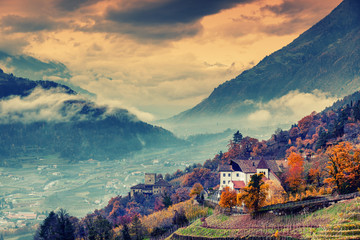 Beautiful mountain and city landscape, South Tyrol, Italy, Dolomites, surroundings Merano - obrazy, fototapety, plakaty