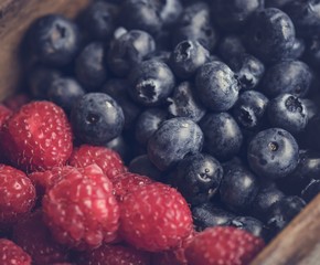 Closeup of fresh blueberries and raspberries