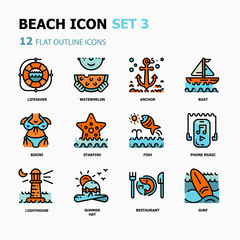 Beach Flat Outline icons.Holiday and Vacation Concept Thin line icons.