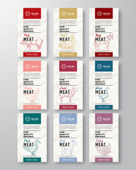 Fine Quality Organic Meat and Poultry Vertical Labels Set. Abstract Vector Packaging Design. Modern Typography and Hand Drawn Pig, Cow and Other Farm Animals Silhouette Background Layouts.
