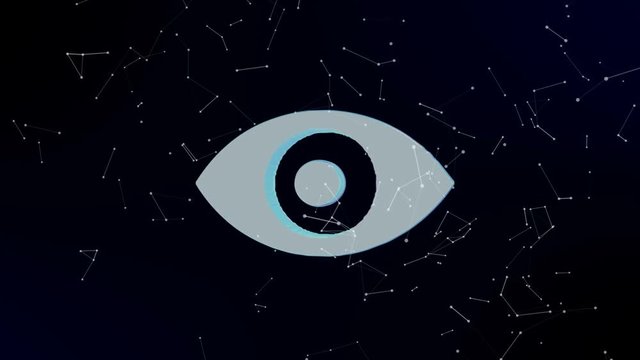 eye being formed by revolving particles. Futuristic structure of plexus lines and points, dark blue background