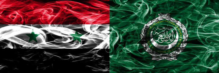 Syria vs Arab League smoke flags placed side by side. Thick colored silky smoke flags of Syrian and Arab League