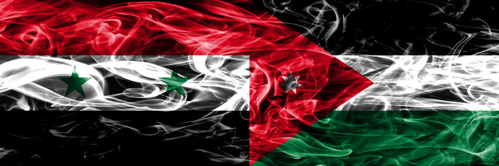 Obraz premium Syria vs Jordan smoke flags placed side by side. Thick colored silky smoke flags of Syrian and Jordan