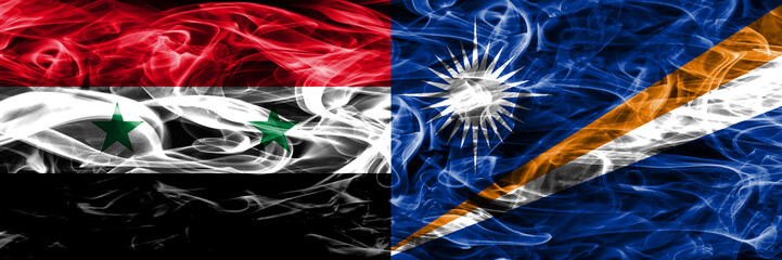 Syria vs Marshall Islands smoke flags placed side by side. Thick colored silky smoke flags of Syrian and Marshall Islands