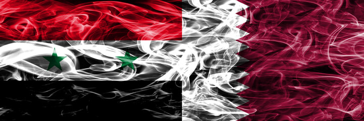Syria vs Qatar smoke flags placed side by side. Thick colored silky smoke flags of Syrian and Qatar