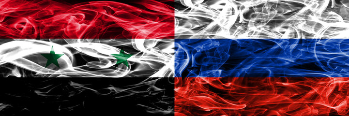 Syria vs Russia smoke flags placed side by side. Thick colored silky smoke flags of Syrian and Russia