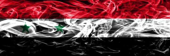 Syria vs Yemen smoke flags placed side by side. Thick colored silky smoke flags of Syrian and Yemen