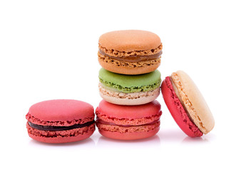 Sweet and colourful french macaroons or macaron on white background.