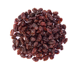 Top view of Dried raisins isolated on white background