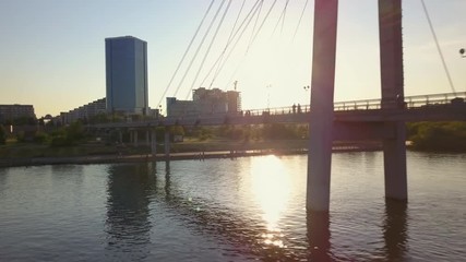 Beautiful view over footbridge over the Yenisei river Krasnoyarsk drone footage