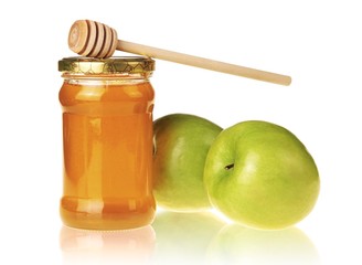 Jar of Honey with Green Apples and Honey Dipper