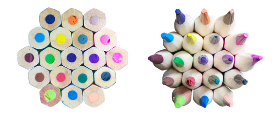 Bunch of color pencils (tips and backs) isolated on white background
