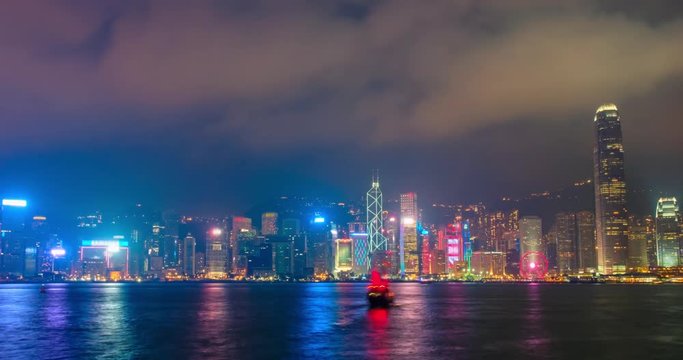 Aerial tNight imelapse of illuminated Hong Kong skyline. Hong Kong, China