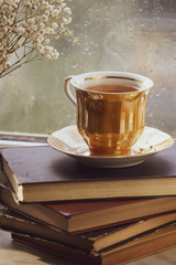 A cup of tea on book, in front of rainy window, autumn mood