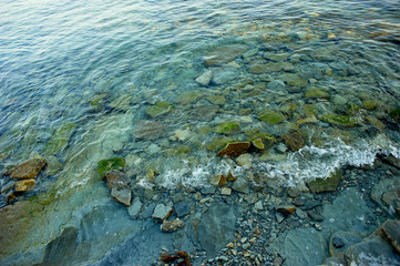 The texture or pattern of the stones under water. Rocky, rocky seashore