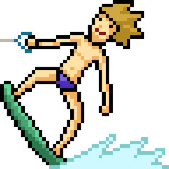 vector pixel art man play surfboard