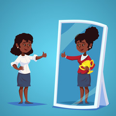 young african, american Businesswomen standing in front of a mirror looking at her reflection and imagine herself successful. Business cartoon vector concept
