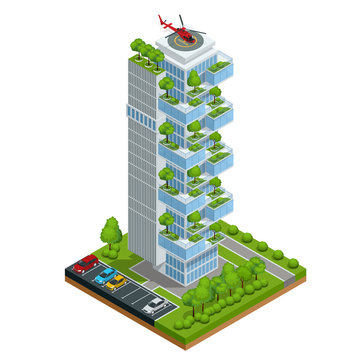 Modern Ecologic Skyscraper With Many Trees On Every Balcony. Ecology And Green Living In City, Urban Environment Concept.