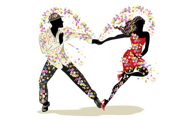 Beautiful romantic couple in passionate Latin American dances. Salsa festival. Hand drawn poster background.