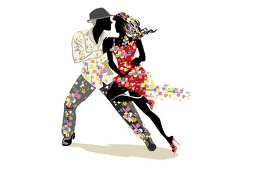 Obraz premium Beautiful romantic couple in passionate Latin American dances. Salsa festival. Hand drawn poster background.