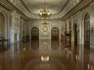 3d render of a golden luxury palace interior decorated with white marble and golden decor - obrazy, fototapety, plakaty