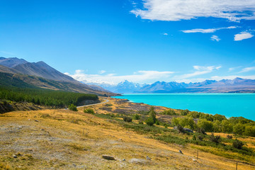 Mount cook viewpoint with the lake pukaki and the road leading to mount cook village in New Zealand	
