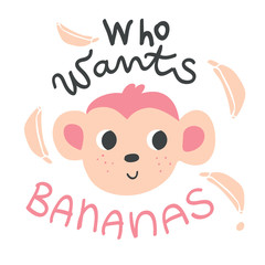 Hand drawn monkey face with bananas illustration